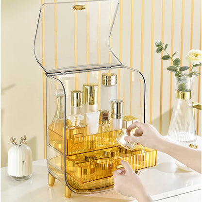 SOGA 3 Tier Golden Yellow Multifunctional Countertop Cosmetic Storage Makeup Perfume Skincare Display Stand Shelf Drawer Type Organiser • LUZ-BathC126
