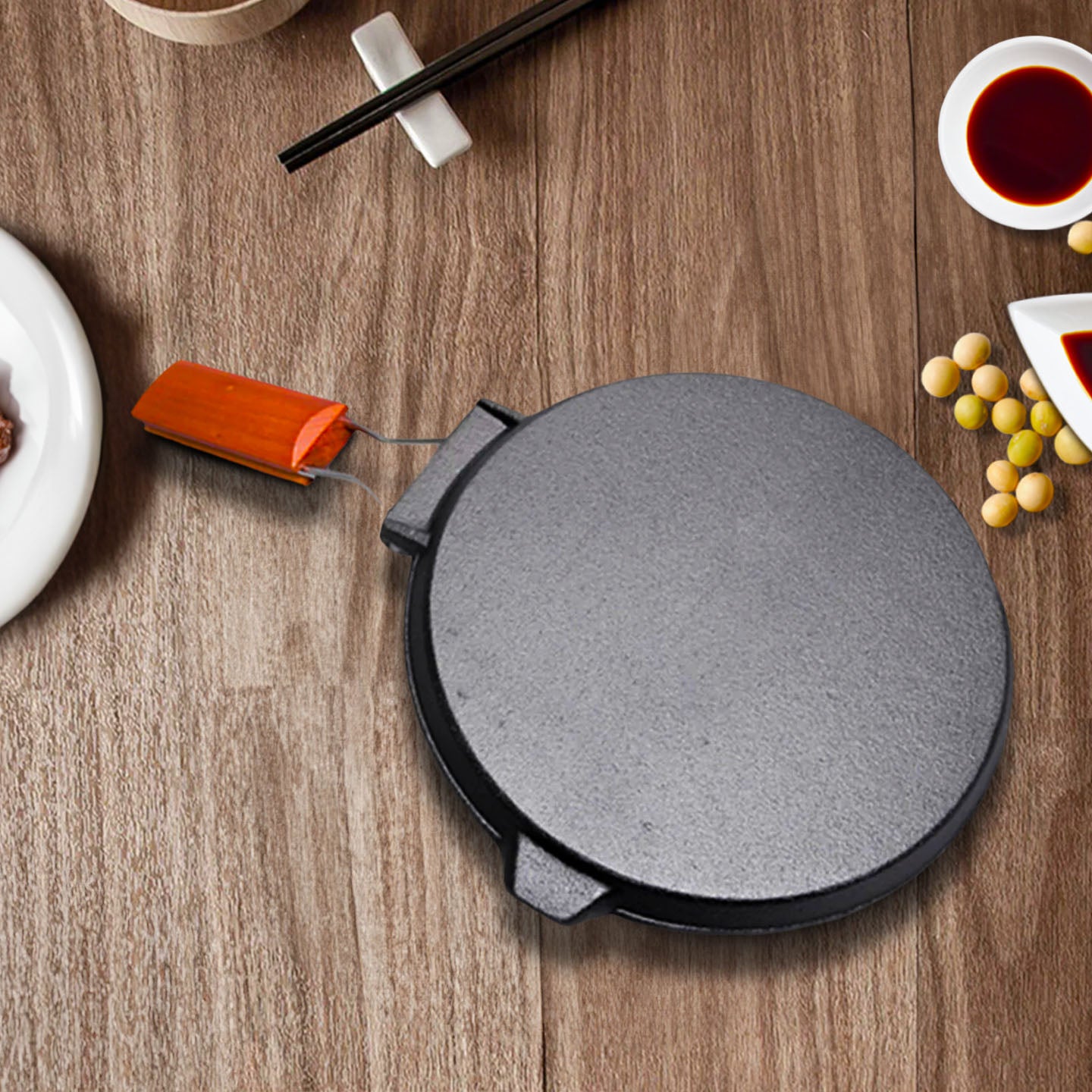 SOGA 2X 24cm Round Ribbed Cast Iron Steak Frying Grill Skillet Pan with Folding Wooden Handle • LUZ-ZPai026X2