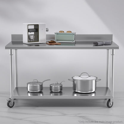 SOGA 150cm Commercial Catering Kitchen Stainless Steel Prep Work Bench Table with Backsplash and Caster Wheels • LUZ-WorkBenchSS8004150CM