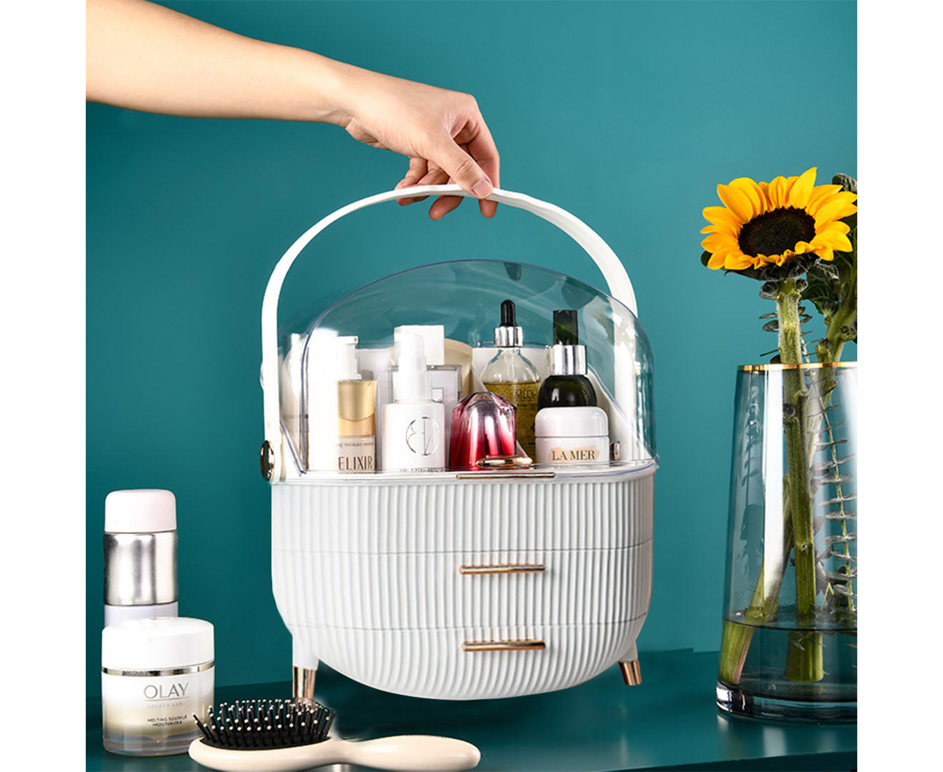 SOGA 2X 29cm White Countertop Makeup Cosmetic Storage Organiser Skincare Holder Jewelry Storage Box with Handle LUZ-BathC109X2