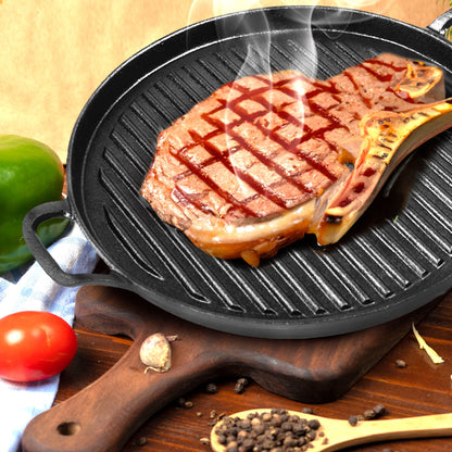 SOGA 2X 28cm Ribbed Cast Iron Frying Pan Skillet Coating Steak Sizzle Platter • LUZ-ZPai024BX2