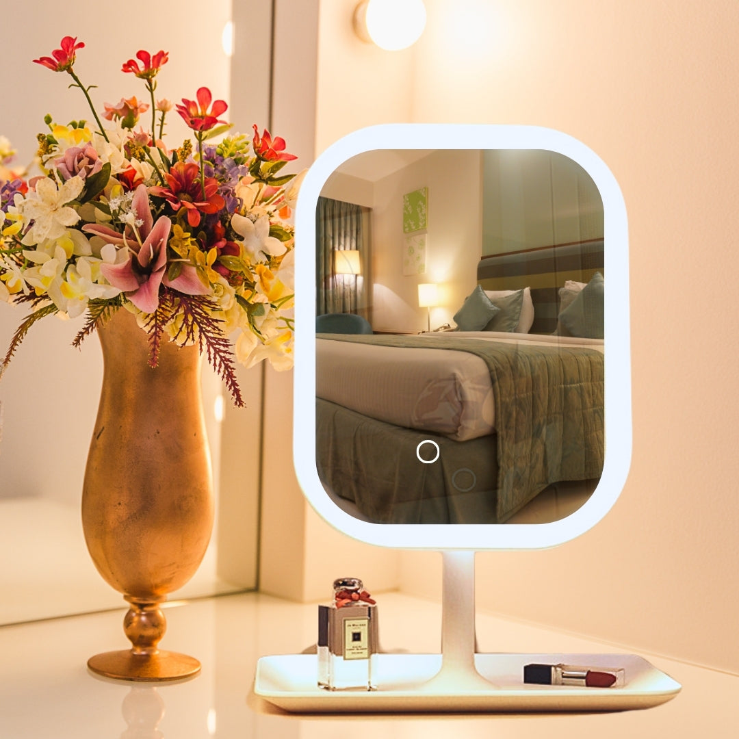 SOGA 26cm White Squared Smart LED Makeup Bedroom Table Vanity Mirror Tricolor w/ 5x Magnification • LUZ-MirrorE9X2