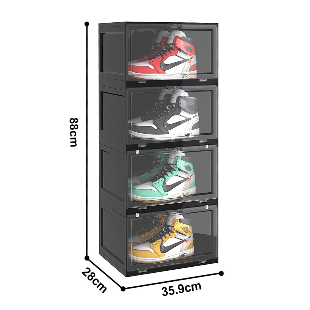 SOGA 4 Tier Black Portable Shoe Organiser Sneaker Footwear Folding Plastic Bin Stackable Storage Box with Magnetic Door • LUZ-ShoeA8004BLK
