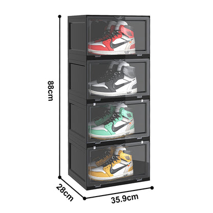 SOGA 4 Tier Black Portable Shoe Organiser Sneaker Footwear Folding Plastic Bin Stackable Storage Box with Magnetic Door • LUZ-ShoeA8004BLK