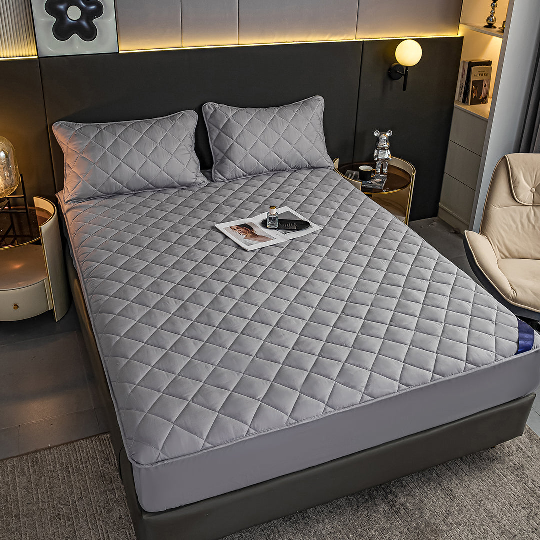SOGA Grey 183cm Wide Cross-Hatch Mattress Cover Thick Quilted Stretchable Bed Spread Sheet Protector with Pillow Covers • LUZ-BCover4007