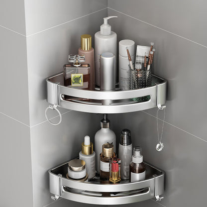 SOGA Silver Wall-Mounted Triangular Bathroom Storage Corner Vanity Organiser Space Saving Adhesive Shelf Rack with Hooks LUZ-TAN1006