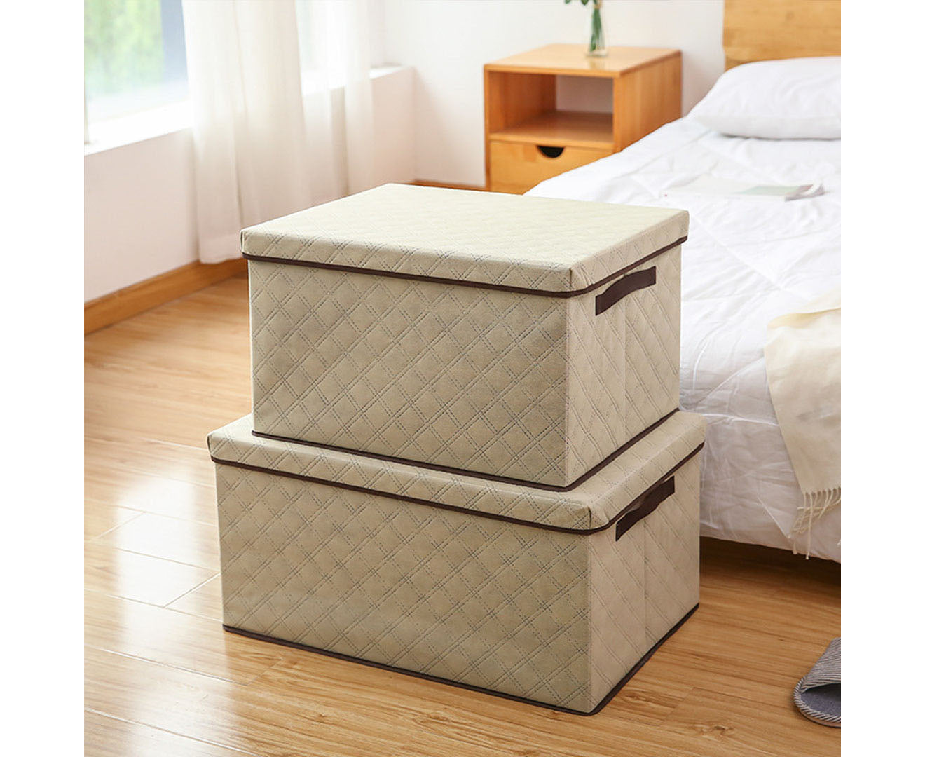 SOGA 2X Extra Large Beige Non-Woven Diamond Quilt Grid Fabric Storage/Organizer Box • LUZ-SBox048X2