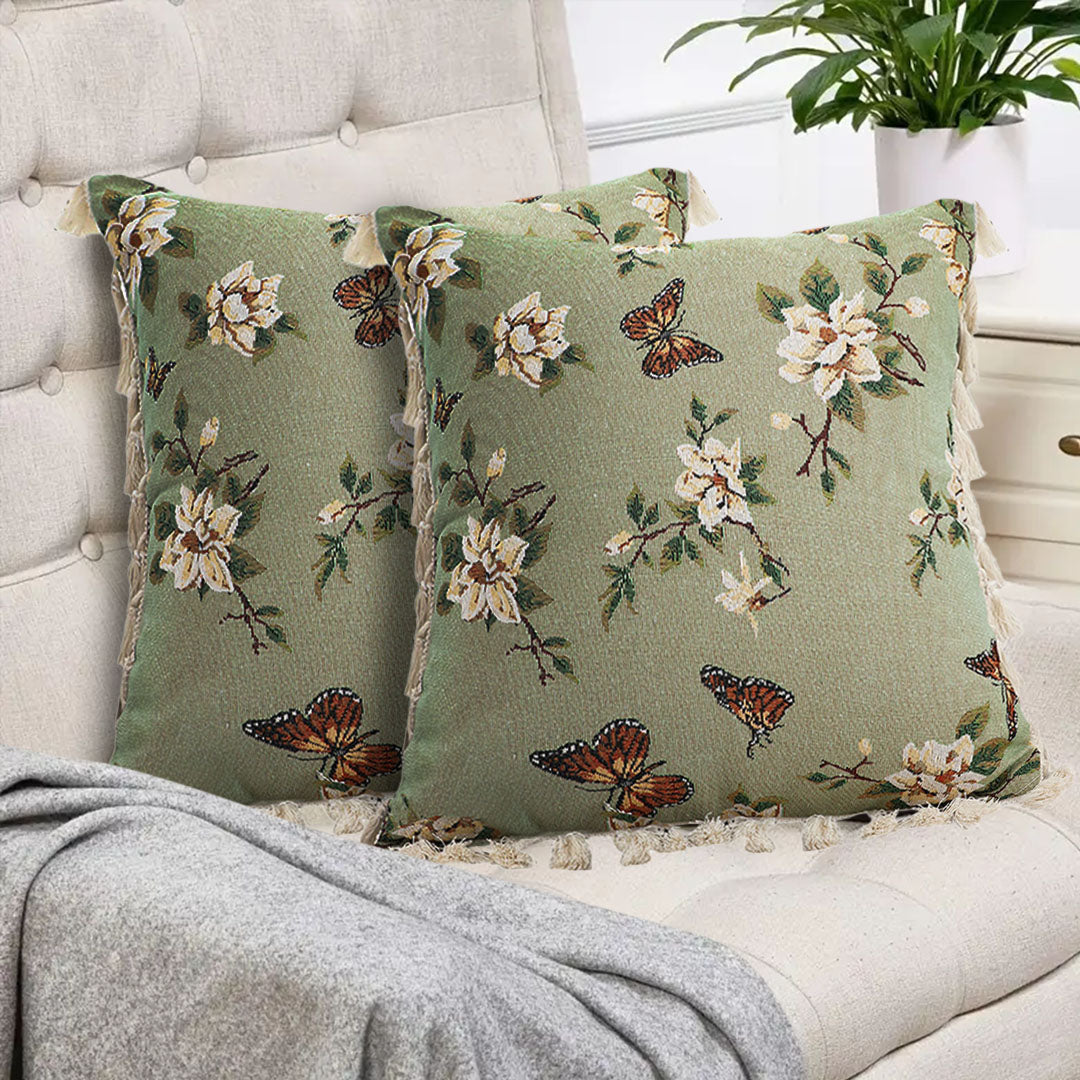 SOGA 2X 45cm Matcha Green French Vintage Butterfly Loves Flowers Tassel Throw pillow • LUZ-FrenchCushion249X2