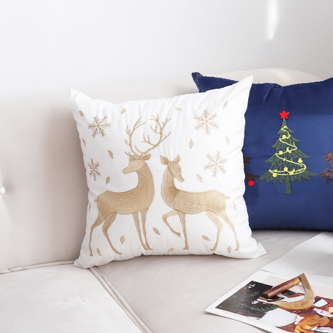 SOGA 2X 45cm Throw Pillow White with Golden Christmas Reindeer Festive Cushion for Cozy Winter Decor • LUZ-FrenchCushion268X2
