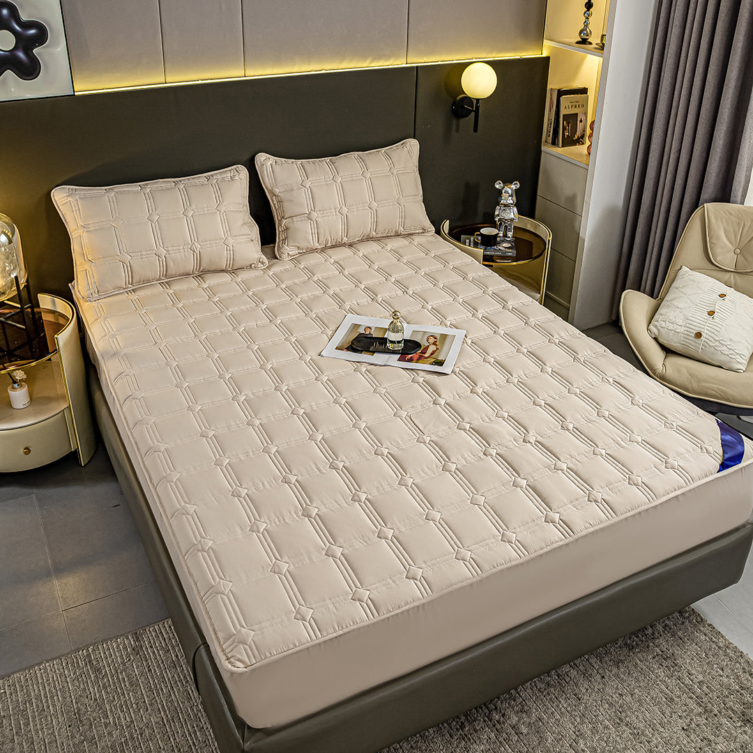 SOGA 2X Beige 153cm Wide Mattress Cover Thick Quilted Stretchable Bed Spread Sheet Protector with Pillow Covers • LUZ-BCover4001X2