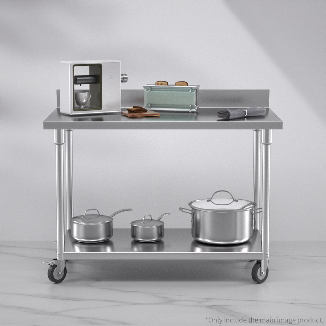 SOGA 120cm Commercial Catering Kitchen Stainless Steel Prep Work Bench Table with Backsplash and Caster Wheels • LUZ-WorkBenchSS8003120CM