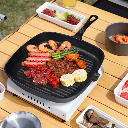 SOGA 23.5cm Square Ribbed Cast Iron Frying Pan Skillet Steak Sizzle Platter with Handle • LUZ-ZPai006