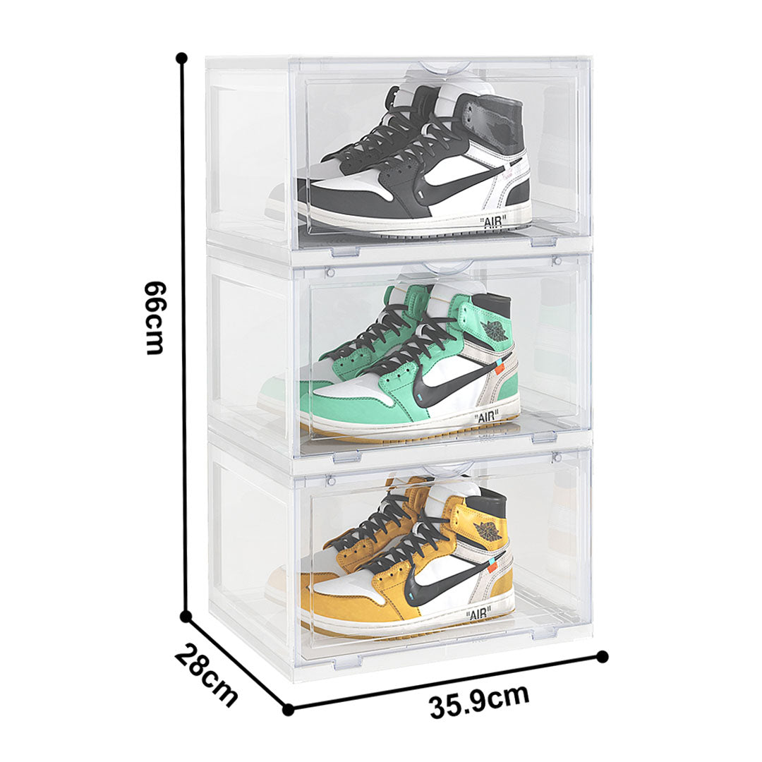 SOGA  2X 3 Tier Transparent Portable Shoe Organiser Sneaker Footwear Folding Plastic Bin Stackable Storage Box with Magnetic Door • LUZ-ShoeA9003WHTX2