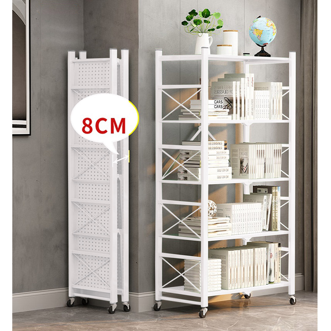 SOGA 4 Tier Steel White Foldable Display Stand Multi-Functional Shelves Portable Storage Organizer with Wheels • LUZ-KitchenXY029