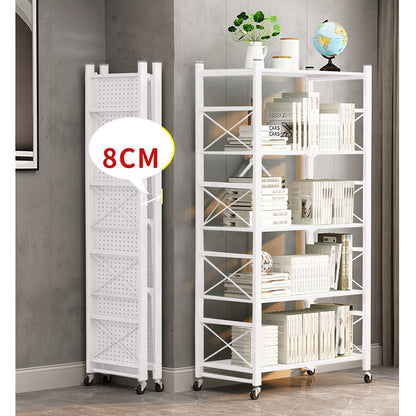 SOGA 4 Tier Steel White Foldable Display Stand Multi-Functional Shelves Portable Storage Organizer with Wheels • LUZ-KitchenXY029