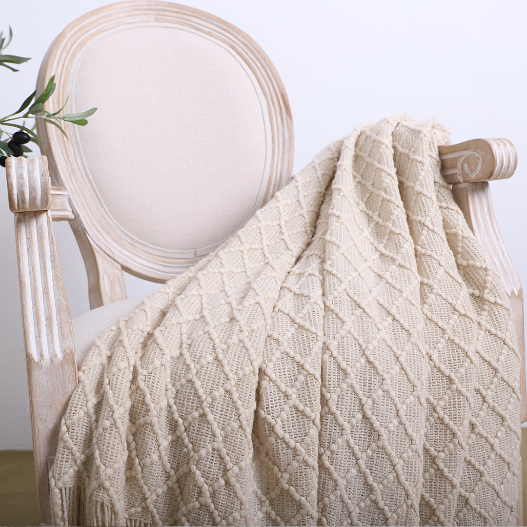 SOGA Beige Diamond Pattern Knitted Throw Blanket Warm Cozy Woven Cover Couch Bed Sofa Home Decor with Tassels LUZ-Blanket922