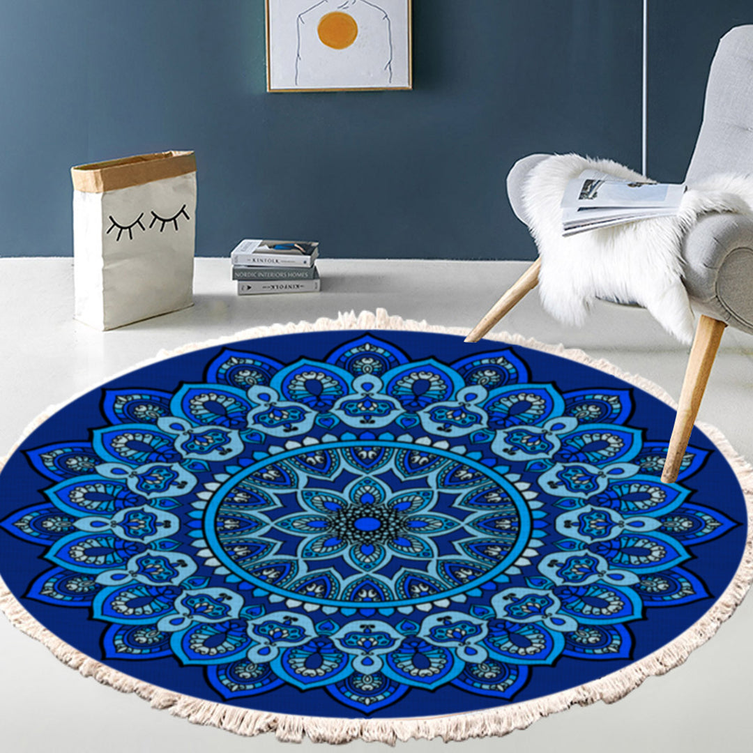 SOGA 90cm Blue Mandala Round Carpet for Living Room Bedroom Anti-slip Doormat, Home Decor • LUZ-CarpetRAG1