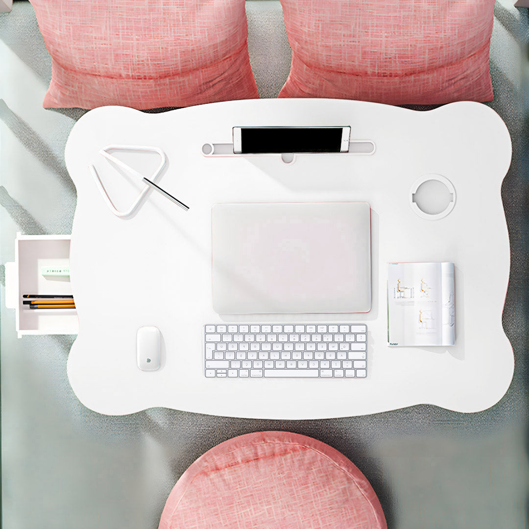 SOGA White Portable Bed Table Adjustable Folding Mini Desk With Mini Drawer and Cup-Holder Home Decor • LUZ-BedTableM666