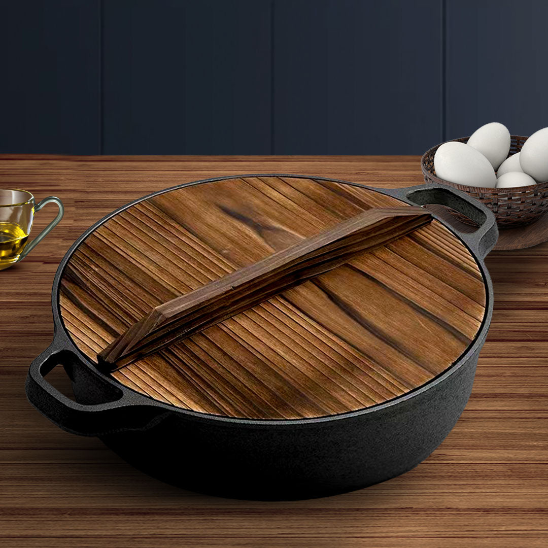 SOGA 2X 29cm Round Cast Iron Pre-seasoned Deep Baking Pizza Frying Pan Skillet with Wooden Lid • LUZ-ZPaiC1X2