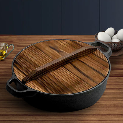 SOGA 2X 29cm Round Cast Iron Pre-seasoned Deep Baking Pizza Frying Pan Skillet with Wooden Lid • LUZ-ZPaiC1X2