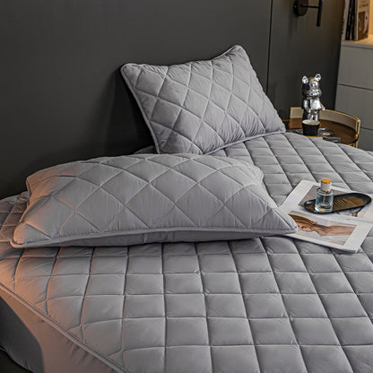 SOGA Grey 138cm Wide Cross-Hatch Mattress Cover Thick Quilted Stretchable Bed Spread Sheet Protector with Pillow Covers • LUZ-BCover4005