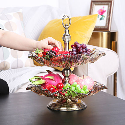 SOGA 2 Tier Bronze Lotus Vertex Crystal Glass Fruit Bowl Candy Holder Countertop Dessert Serving Basket Decor • LUZ-Plate7845