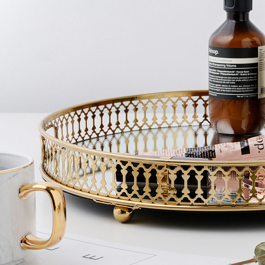 SOGA 32cm Gold Round Ornate Mirror Glass Metal Tray Vanity Makeup Perfume Jewelry Organiser with Handles • LUZ-PlateHJ1184