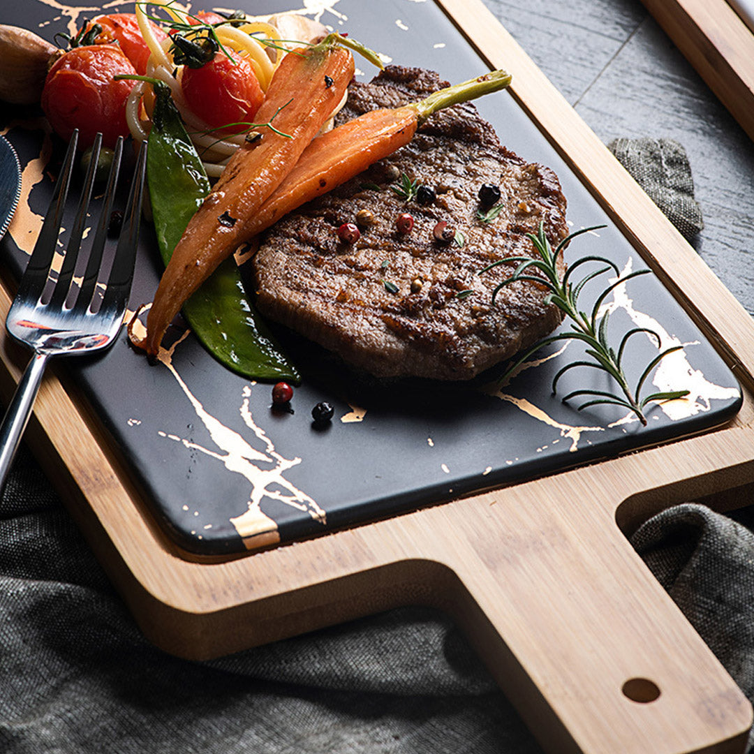 SOGA 33.5cm Black Square Wooden Serving Tray Slate Steak Serving Platter Chopping Board Paddle Home Decor • LUZ-WodE594