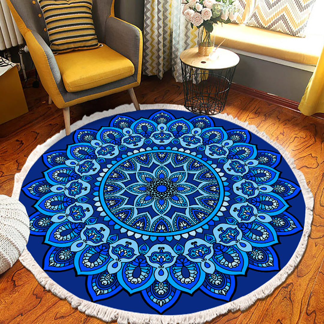 SOGA 2X 90cm Blue Mandala Round Carpet for Living Room Bedroom Anti-slip Doormat, Home Decor • LUZ-CarpetRAG1X2