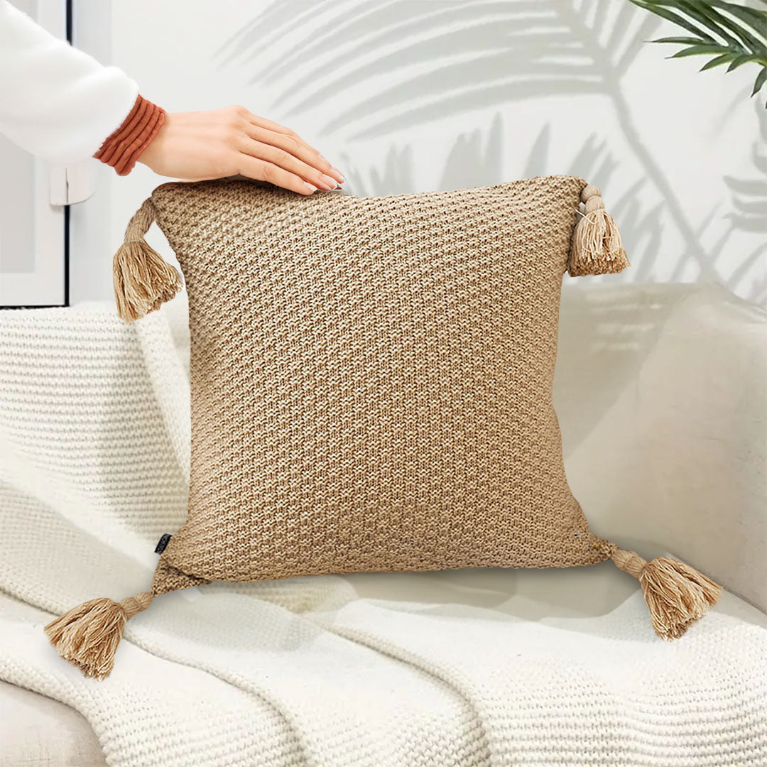 SOGA 50CM Light Brown Pillow with Tassel Accents, Rizzy Transitional Cover Throw Pillow • LUZ-FrenchCushion202