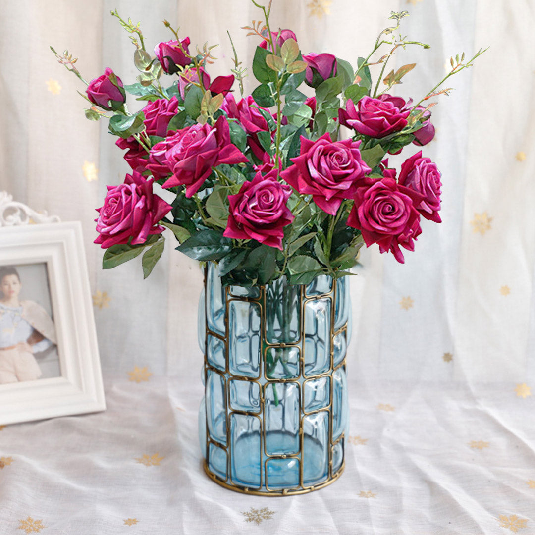 SOGA Blue Glass Cylinder Flower Vase with 8 Bunch 5 Heads Artificial Fake Silk Rose Home Decor Set • LUZ-YG3264-F008
