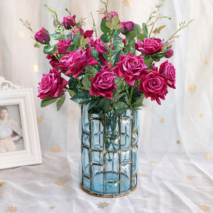 SOGA Blue Glass Cylinder Flower Vase with 8 Bunch 5 Heads Artificial Fake Silk Rose Home Decor Set • LUZ-YG3264-F008