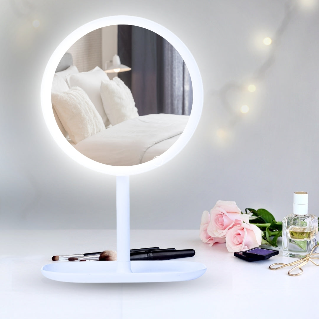 SOGA 2X 26cm White Round Smart LED Makeup Bedroom Table Vanity Mirror Tricolor w/ 5x Magnification LUZ-MirrorE7X2