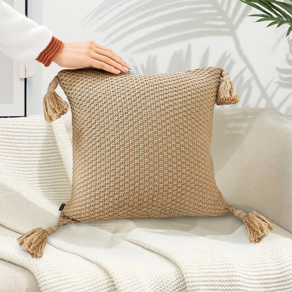 SOGA 50CM Light Brown Pillow with Tassel Accents, Rizzy Transitional Cover Throw Pillow • LUZ-FrenchCushion202X2