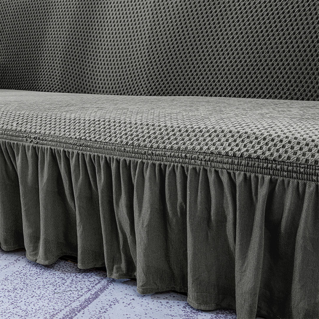 SOGA 2-Seater Grey Sofa Cover with Ruffled Skirt Couch Protector High Stretch Lounge Slipcover Home Decor • LUZ-SofaCov6