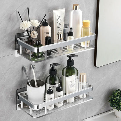 SOGA Silver Wall-Mounted Rectangular Bathroom Storage Organiser Space Saving Adhesive Shelf Rack LUZ-TAN1005