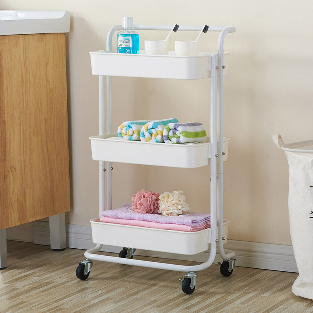 SOGA 3 Tier Steel White Movable Kitchen Cart Multi-Functional Shelves Portable Storage Organizer with Wheels • LUZ-KitchenXY005