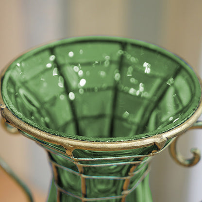 SOGA Green Colored European Glass Flower Vase Solid Base with Two Gold Metal Handle • LUZ-HO-VaseYG1885G