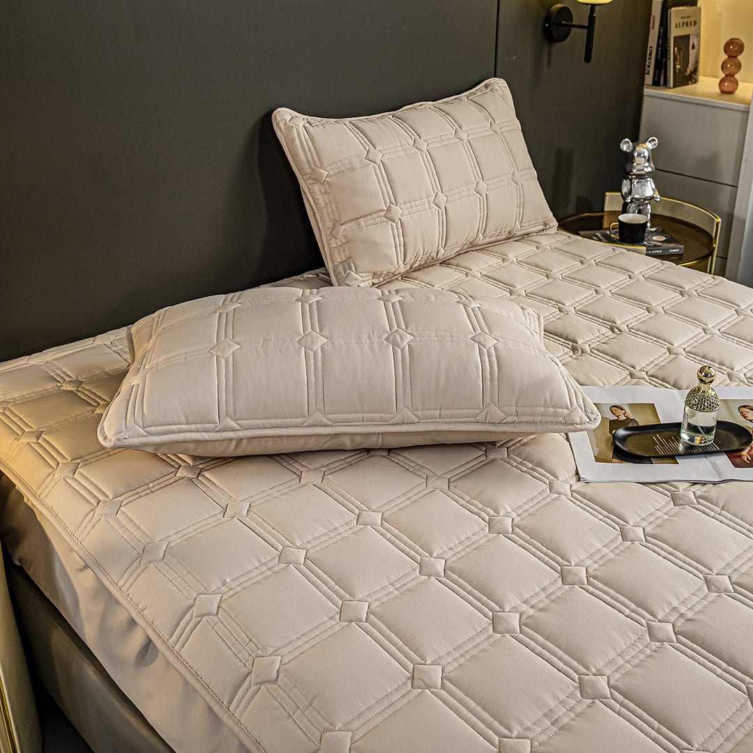 SOGA 2X Beige 183cm Wide Mattress Cover Thick Quilted Stretchable Bed Spread Sheet Protector with Pillow Covers • LUZ-BCover4002X2
