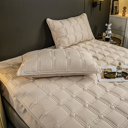 SOGA 2X Beige 183cm Wide Mattress Cover Thick Quilted Stretchable Bed Spread Sheet Protector with Pillow Covers • LUZ-BCover4002X2