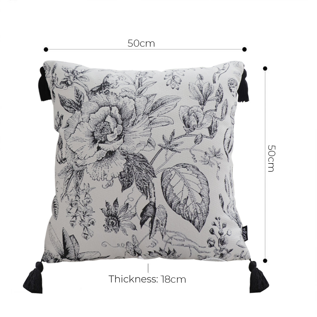SOGA 2X 50cm Throw Pillow  Black and White Elegant Floral Print with Tassel Accents Home Decor • LUZ-FrenchCushion341X2