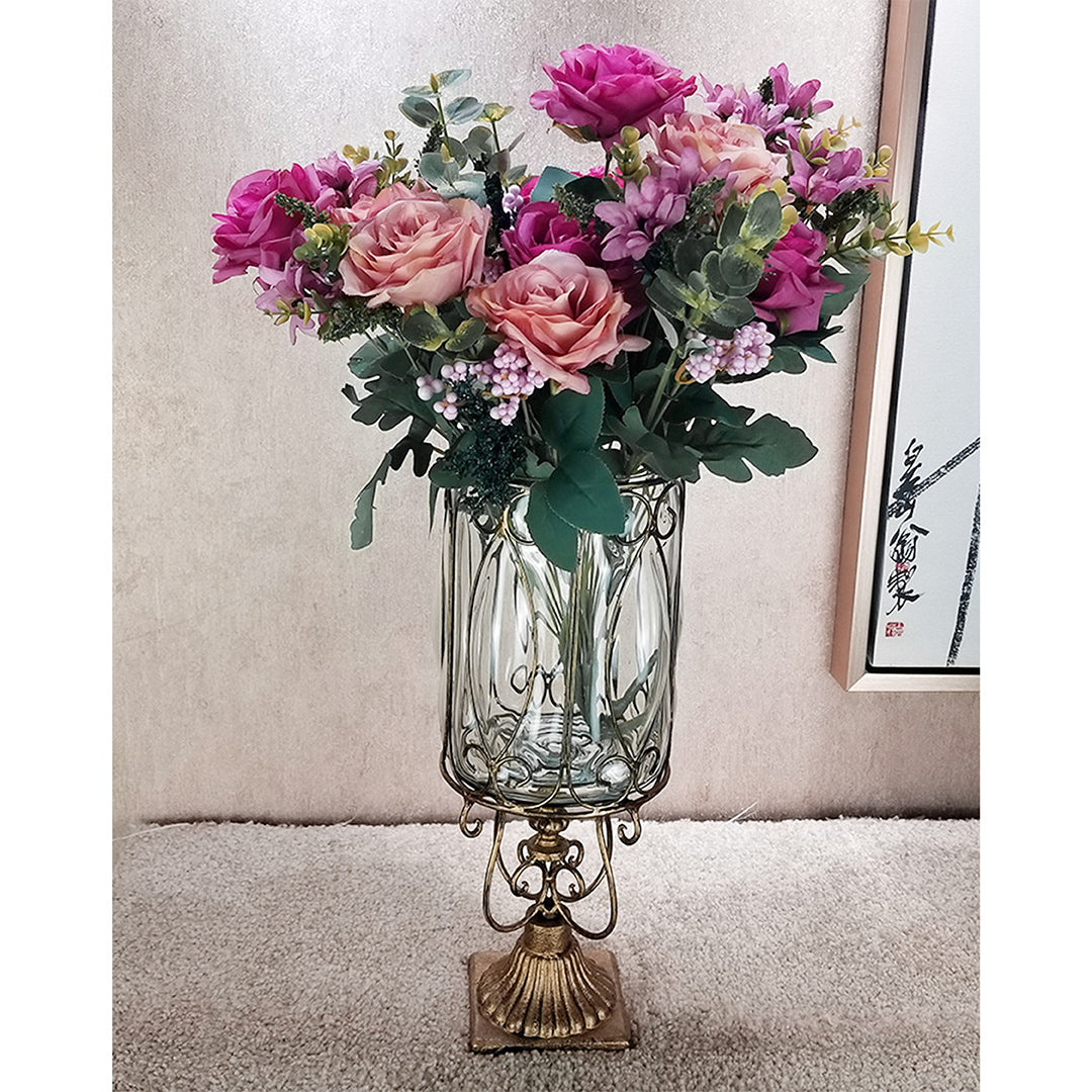 SOGA European Clear Glass Cylinder Flower Vase Solid Base with Gold Metal Pattern • LUZ-HO-VaseYG3015