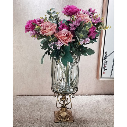 SOGA European Clear Glass Cylinder Flower Vase Solid Base with Gold Metal Pattern • LUZ-HO-VaseYG3015