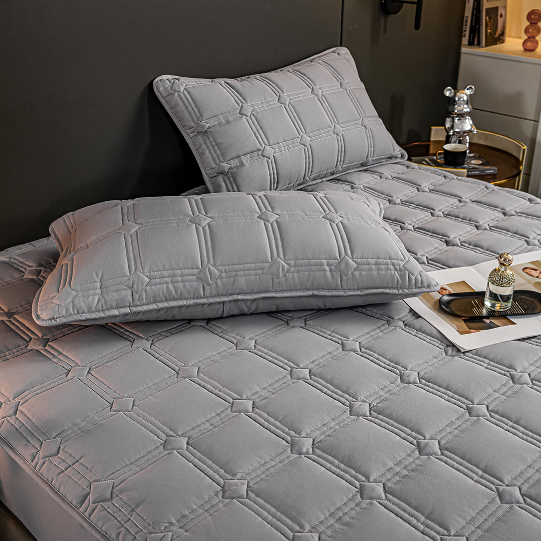 SOGA Grey 183cm Wide Mattress Cover Thick Quilted Stretchable Bed Spread Sheet Protector with Pillow Covers • LUZ-BCover4004