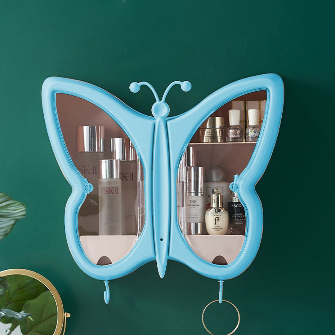 SOGA 2X Blue Butterfly Shape Wall-Mounted Makeup Organiser Dustproof Waterproof Bathroom Storage Box Home Decor • LUZ-BathG314X2