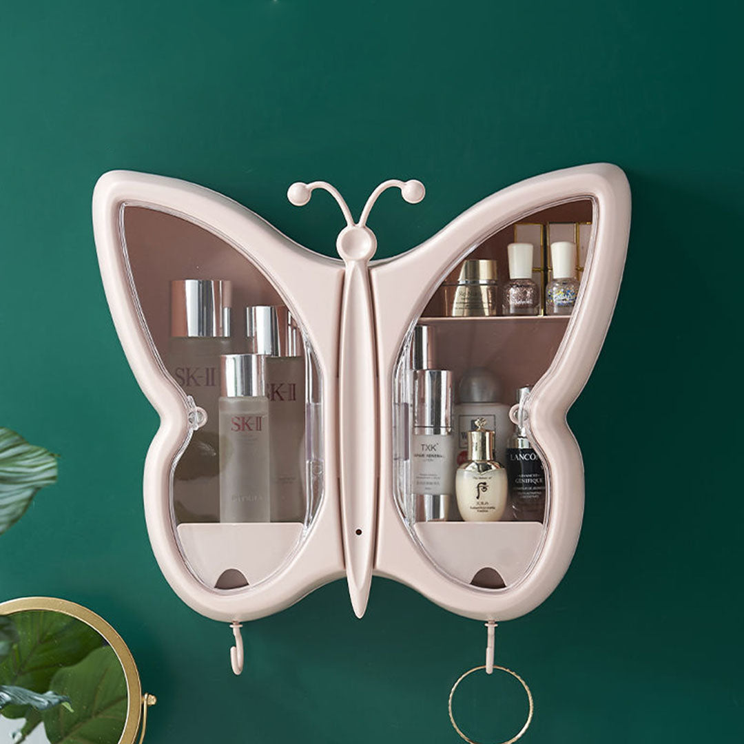 SOGA 2X Pink Butterfly Shape Wall-Mounted Makeup Organiser Dustproof Waterproof Bathroom Storage Box Home Decor • LUZ-BathG317X2