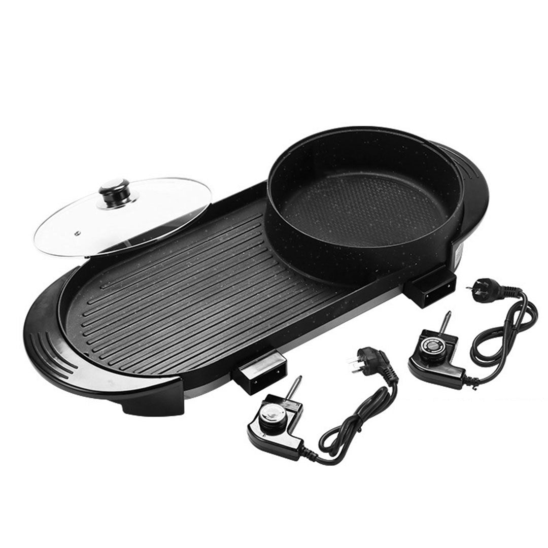 SOGA 2X 2  in 1 Electric Non-Stick BBQ Teppanyaki Grill Plate Steamboat Hotpot 2-8 Person • LUZ-SteamboatHotPotandGrillLongX2