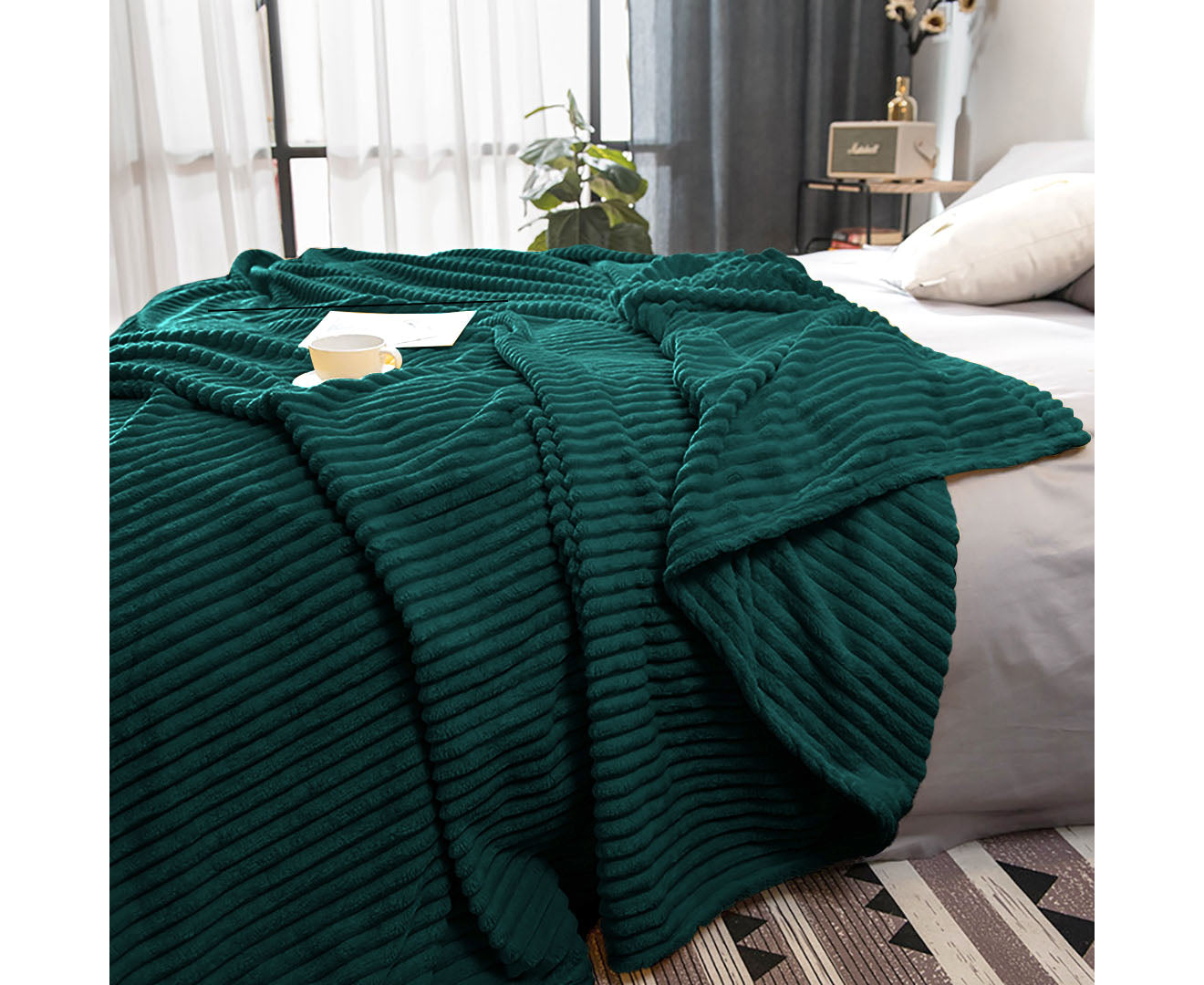 SOGA 2X Dark GreenThrow Blanket Warm Cozy Striped Pattern Thin Flannel Coverlet Fleece Bed Sofa Comforter • LUZ-Blanket316X2
