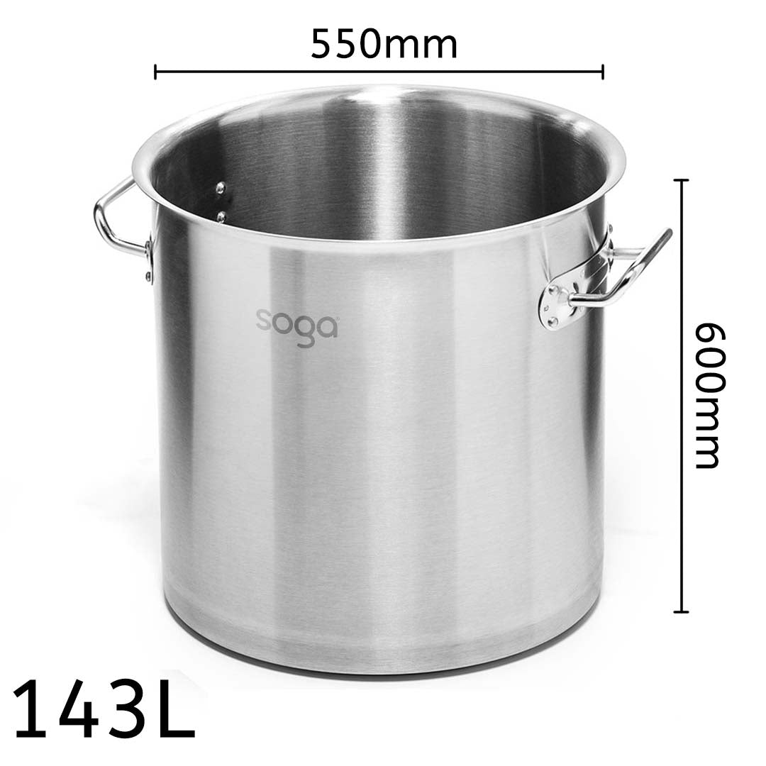 SOGA Stock Pot 143L Top Grade Thick Stainless Steel Stockpot 18/10 Without Lid • LUZ-StockPot55X60CM143L-JPOT