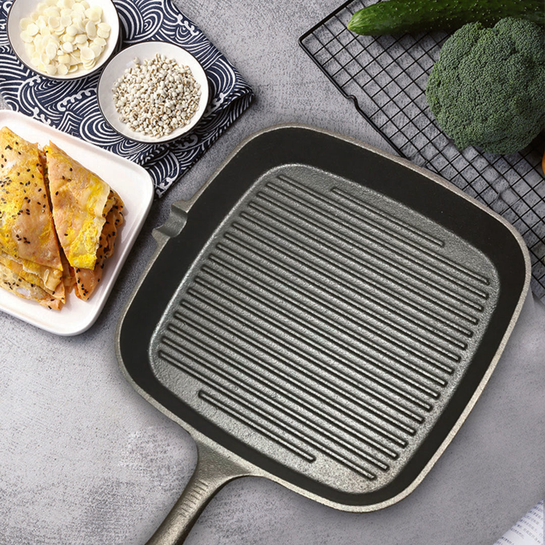 SOGA 2X 23.5cm Square Ribbed Cast Iron Frying Pan Skillet Steak Sizzle Platter with Handle • LUZ-ZPai006X2